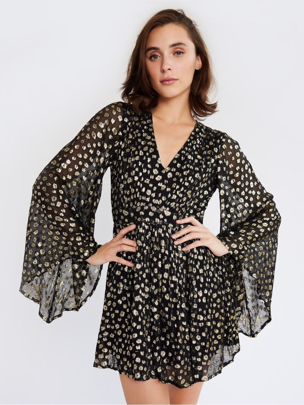 Millie Goldie Dress in Gold Dust Black and Gold V-Neck Bell Sleeve Mini Dress XS